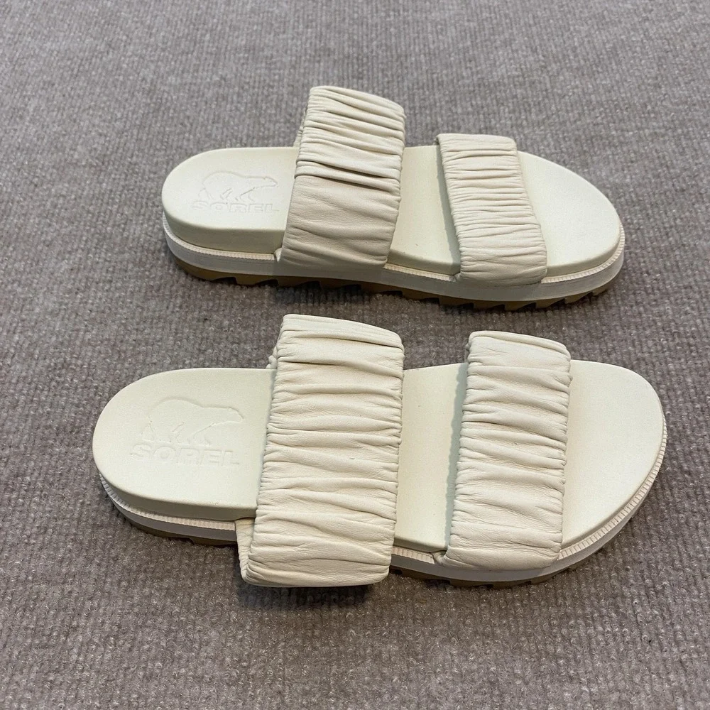 Sorel Sandals Womens Size 6.5 White Leather Slide Ruched Strap Cushioned Comfort - Picture 2 of 6